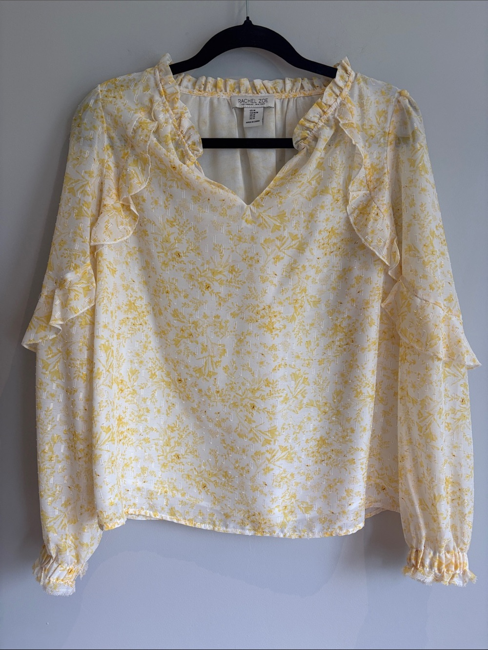 Rachel Zoe Cream and Yellow Floral Ruffle V-Neck Blouse